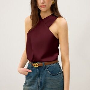 Commense Satin Cross-Over Collar Tank Top